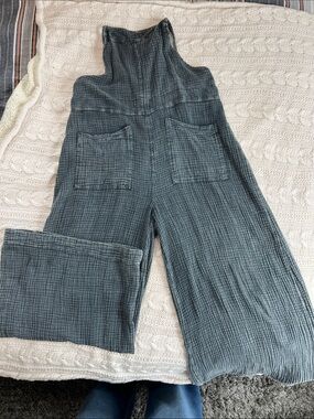easel Slate Blue Textured Wide-Leg Jumpsuit